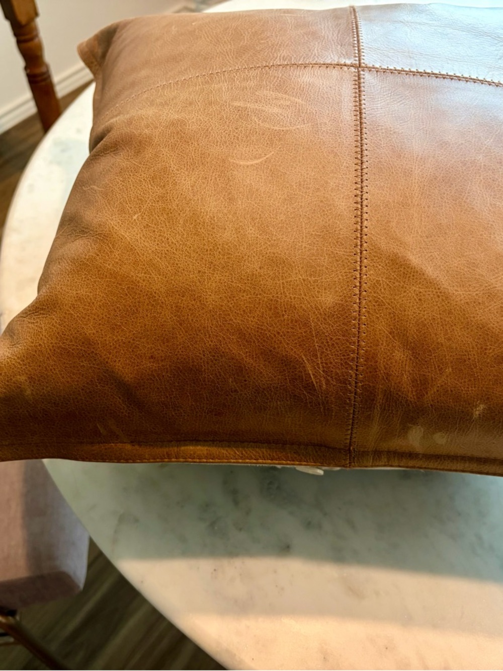 Pottery Barn Pieced Leather Pillow Cover, 1 Brown Leather Pillow Cover 20” x 20
